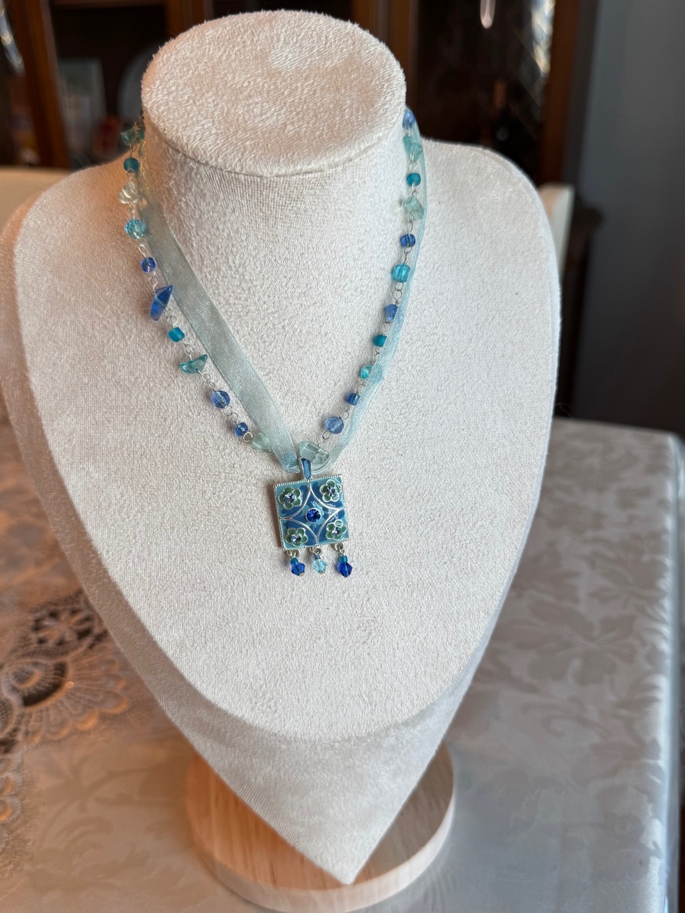 Aqua Blue Glass Floral Pendant Necklace with Beaded Ribbon - Picture 2 of 5